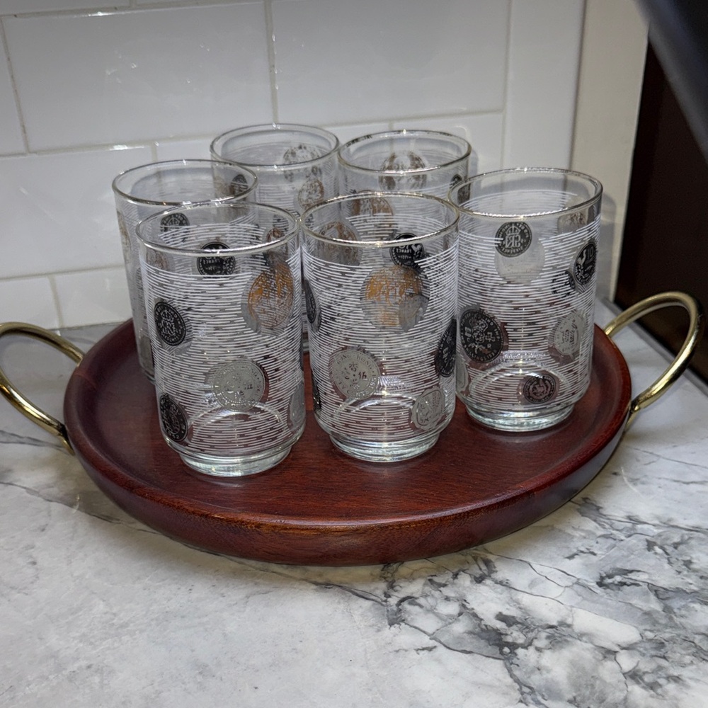 Mid Century Modern Libby Coin Glasses Set of 6 with Tray